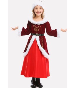 Dark-red Santas Dress Kids Christmas Cosplay Costume