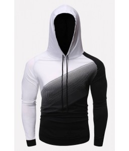 Men White Ombre Drawstring Long Sleeve Casual Hoodie