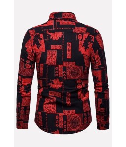 Men Red Printed Button Up Long Sleeve Casual Shirts