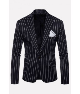 Men Black-white Stripe Notched Collar One Button Long Sleeve Basic Blazer