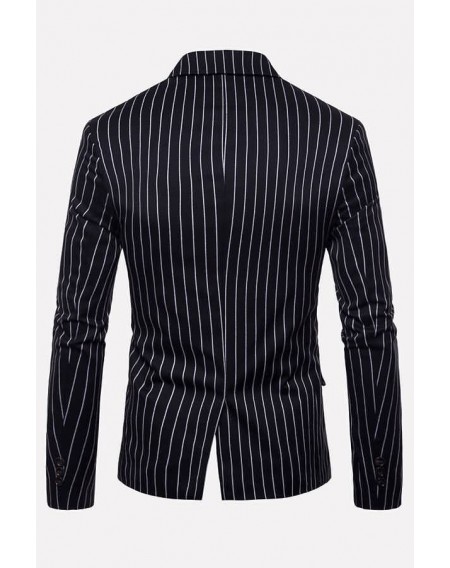 Men Black-white Stripe Notched Collar One Button Long Sleeve Basic Blazer