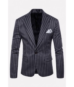 Men Dark-gray Stripe Notched Collar One Button Long Sleeve Basic Blazer