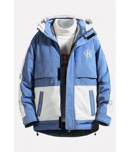 Men Blue Embroidery Letters Print Hooded Long Sleeve Casual Padded Coat