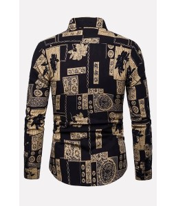 Men Black Printed Button Up Long Sleeve Casual Shirts