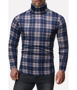 Men Blue Plaid Turtle Neck Long Sleeve Casual Pullover