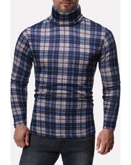 Men Blue Plaid Turtle Neck Long Sleeve Casual Pullover