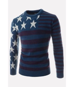 Men Star Stripe Pattern Round Neck Long Sleeve Casual Pullover