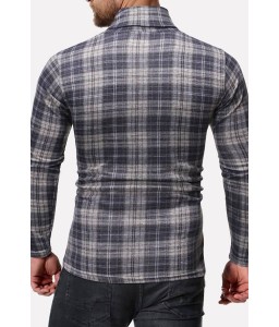 Men Gray Plaid Turtle Neck Long Sleeve Casual Pullover