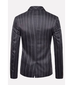 Men Dark-gray Stripe Double Breasted Shawl Collar Long Sleeve Casual Blazer
