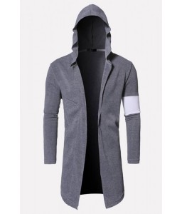 Men Gray Contrast Panel Open Front Hooded Long Sleeve Casual Coat