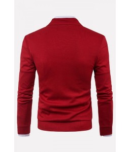 Men Red V Neck Button Up Long Sleeve Basic Cardigan