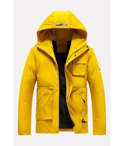Men Yellow Patched Pocket Hooded Long Sleeve Casual Padded Coat