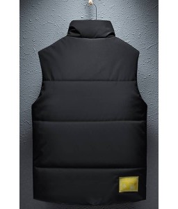 Men Black Patched Zipper Up Stand Collar Casual Padded Vest