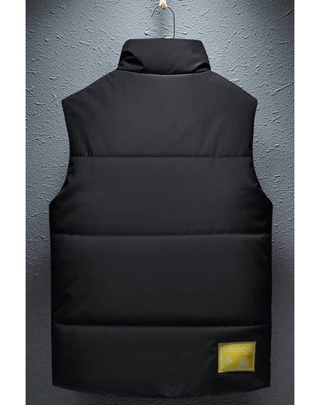 Men Black Patched Zipper Up Stand Collar Casual Padded Vest