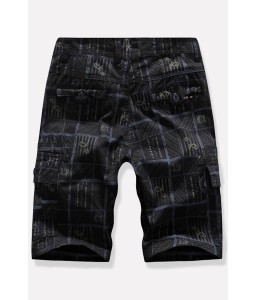 Men Black Plaid Multi-pocket Casual Cargo Shorts