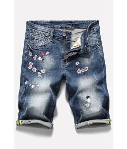 Men Blue Embroidery Casual Plus Size Shorts