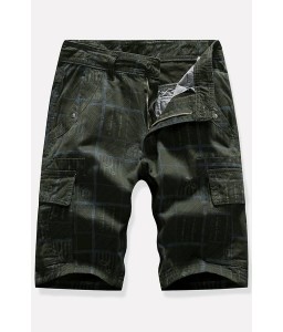 Men Army-green Plaid Multi-pocket Casual Cargo Shorts