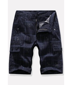 Men Dark-blue Plaid Multi-pocket Casual Cargo Shorts
