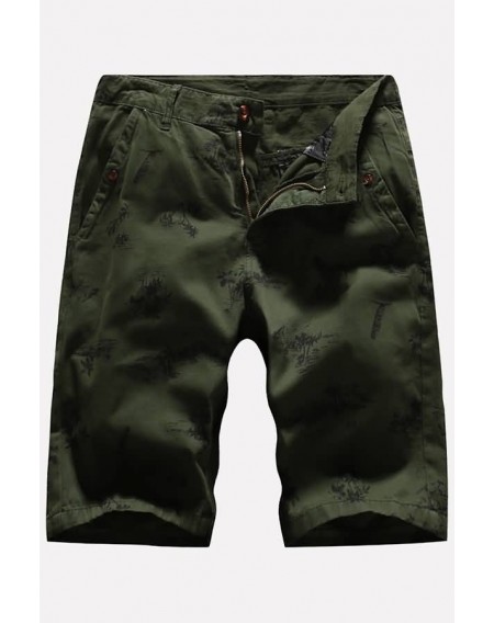 Men Army-green Coconut Print Slant Pocket Casual Shorts