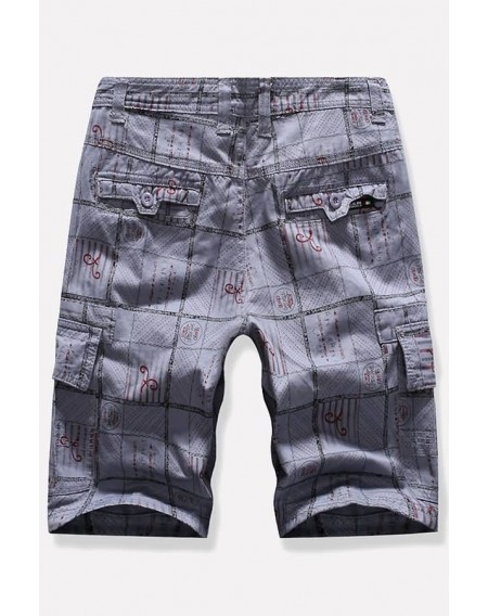 Men Gray Plaid Multi-pocket Casual Cargo Shorts