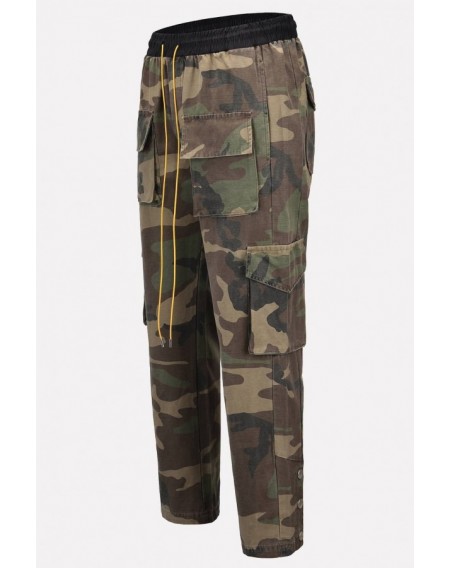 Men Army-green Camo Print Drawstring Waist Casual Cargo Pants