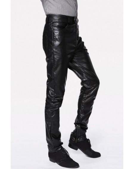 Men Black Faux Leather Pocket Casual Pants